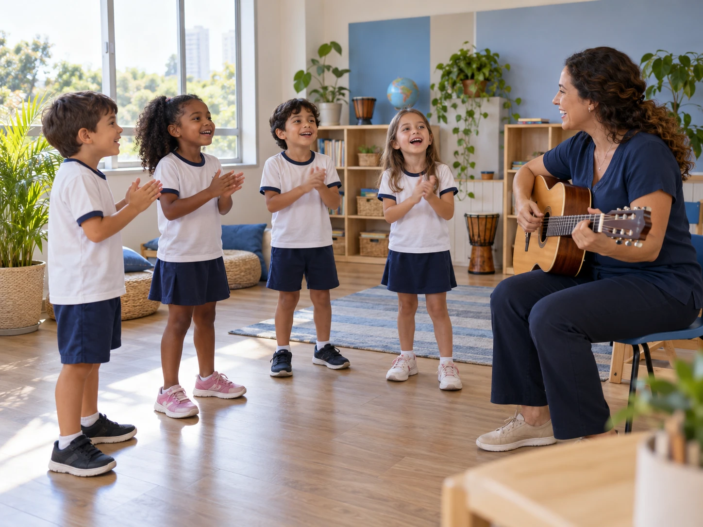 Crianças cantando e se movimentando com acompanhamento de violão — imagem ilustrativa