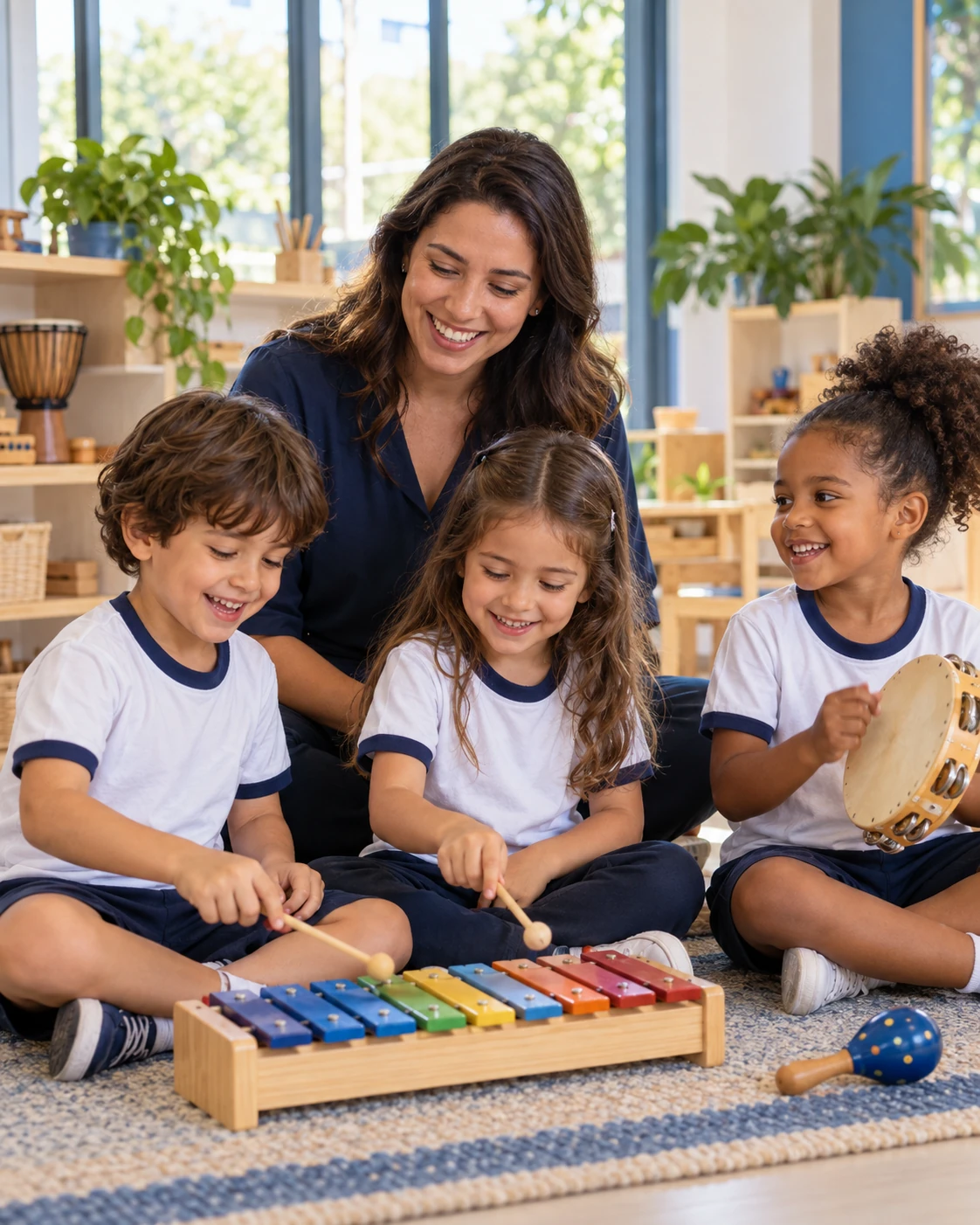 Professora e crianças explorando instrumentos musicais — imagem ilustrativa