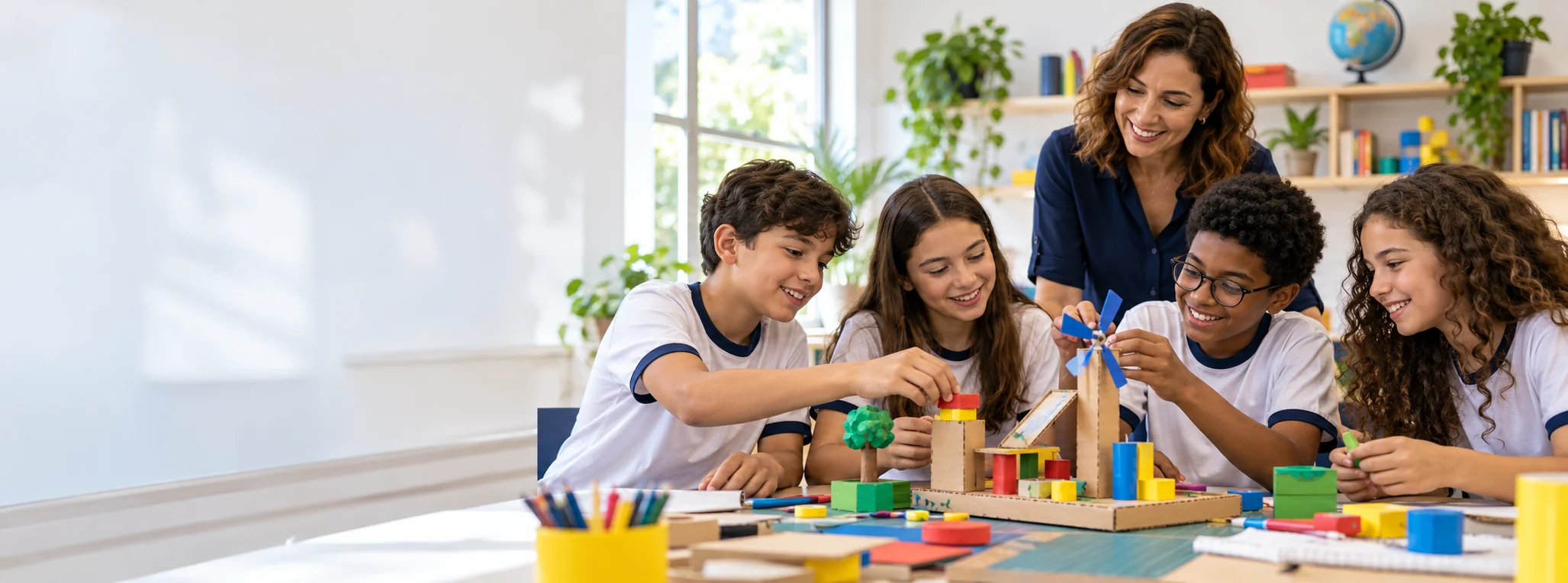 Imagem ilustrativa de alunos e professora criando um projeto juntos