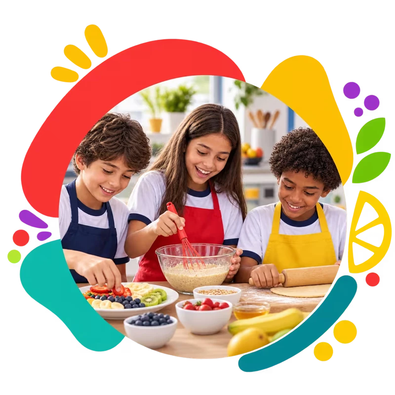 Composição ilustrativa de crianças e professora preparando alimentos em uma atividade de culinária