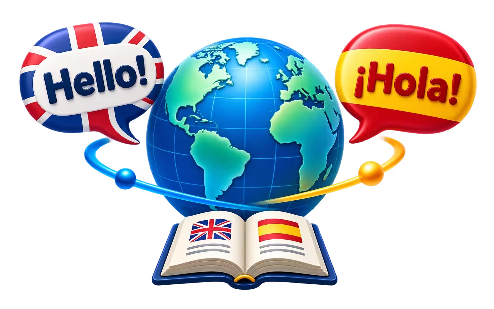 Globo com as saudações Hello e Hola, representando inglês e espanhol