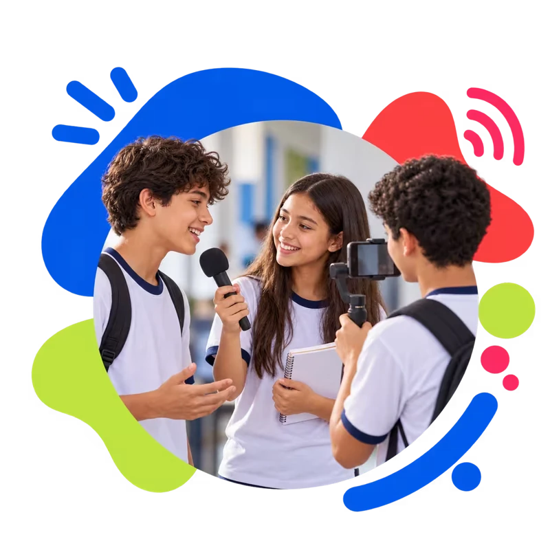 Composição ilustrativa de estudantes produzindo uma entrevista para o jornalismo escolar