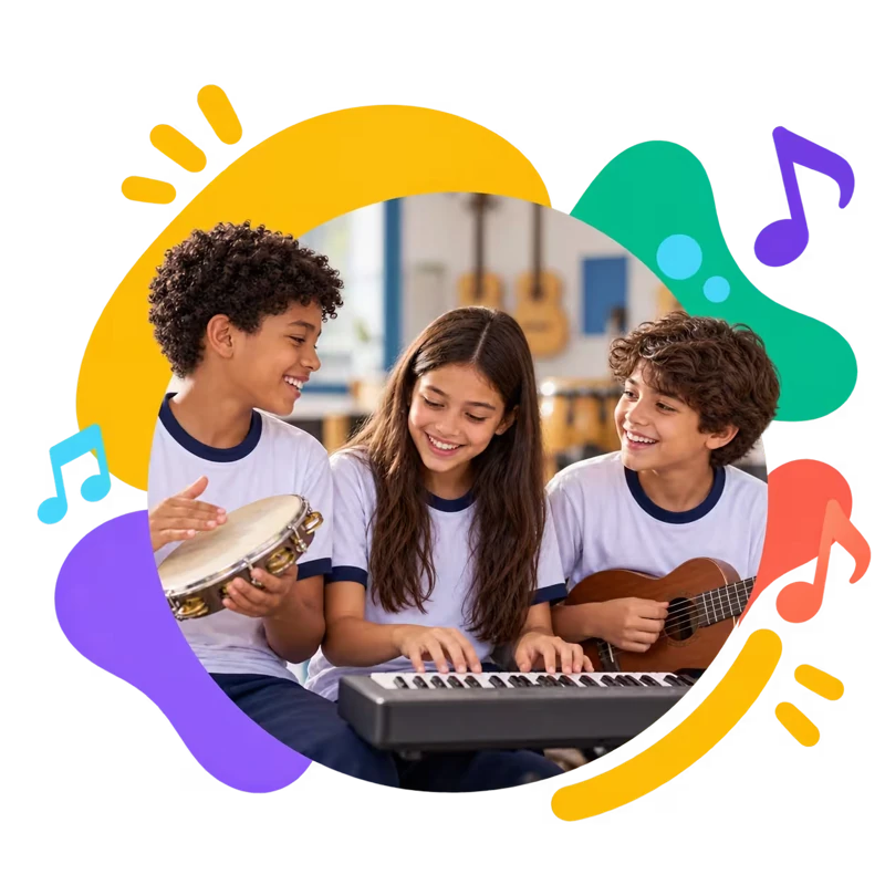 Composição ilustrativa de alunos tocando instrumentos musicais juntos