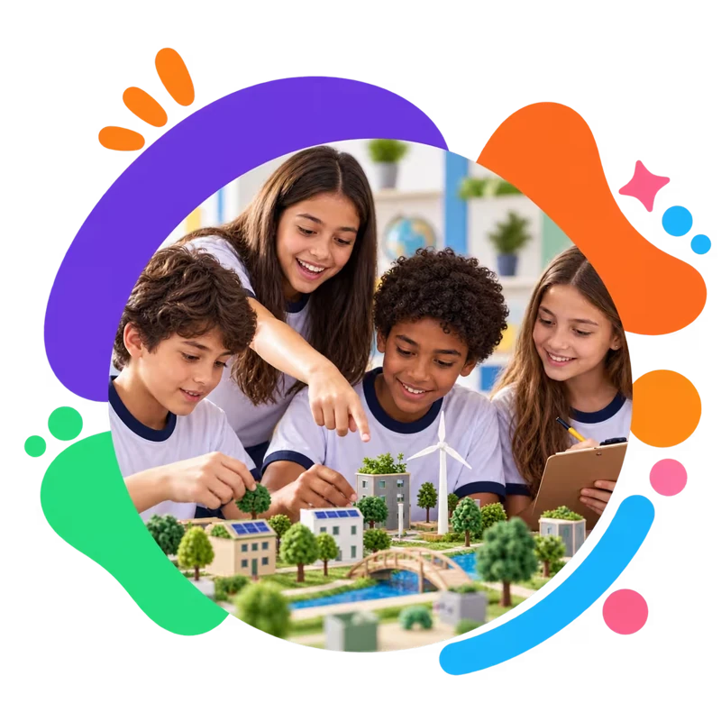 Composição ilustrativa de professora e estudantes desenvolvendo um projeto em grupo