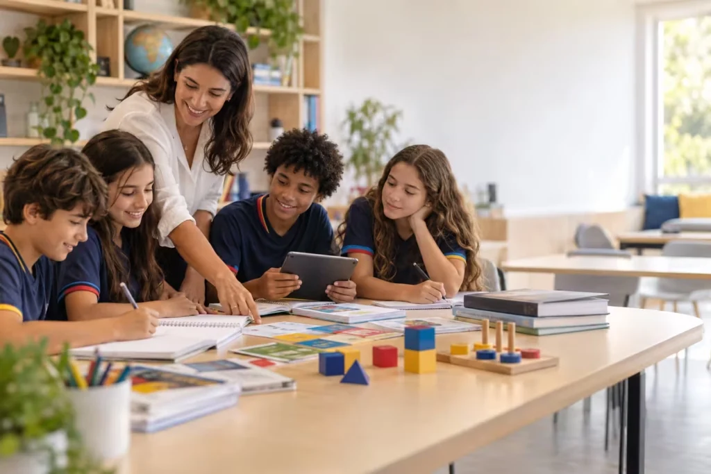 Imagem ilustrativa de estudantes e professora explorando materiais de aprendizagem